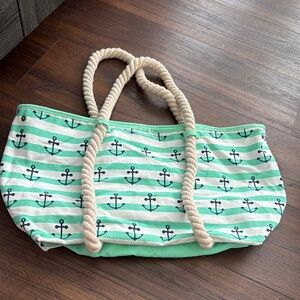 Nautical Green and White lined Tote Beach Bag